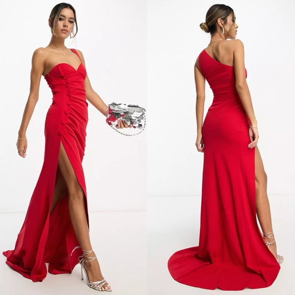 NEW ASOS DESIGN Red ONE SHOULDER Ruched SIDE BUTTON Maxi Dress GOWN US 4 (fit 2) - Picture 2 of 16